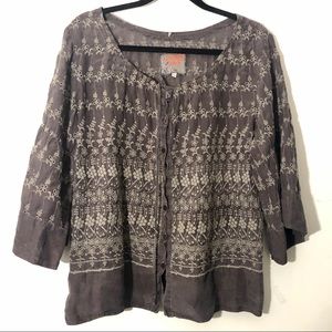 Johnny was embroidered floral grey buttonup blouse